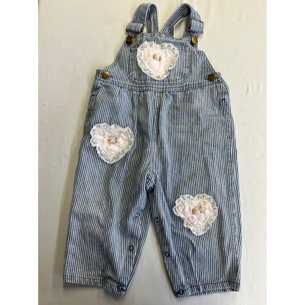 Vintage Hickory Stripe Heart Lace Patch Denim Overalls 18 Months Toddler